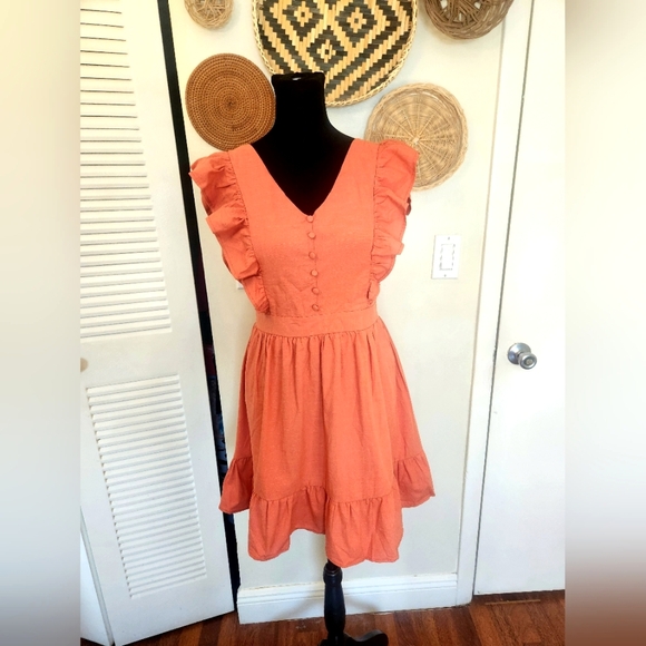 Orange Mini Dress With Ruffles Flutter Sleeves - Picture 5 of 7